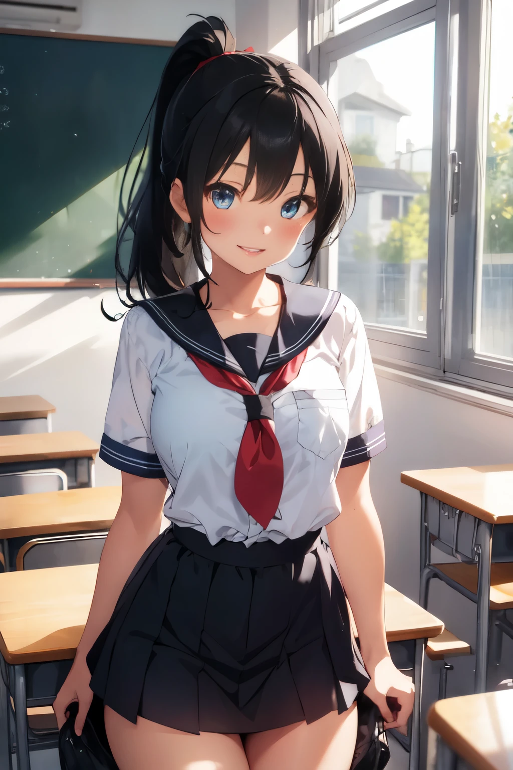 1 girl, black hair, red eyes, parted lips, blush, compensate, light smile,1 girl,Branded hair,blue eyes,ponytail,Faces that don't smile,school uniform, classroom, light, shine, thighs, clavicle, tight waist, (masterpiece), wallpaper,perfect body,