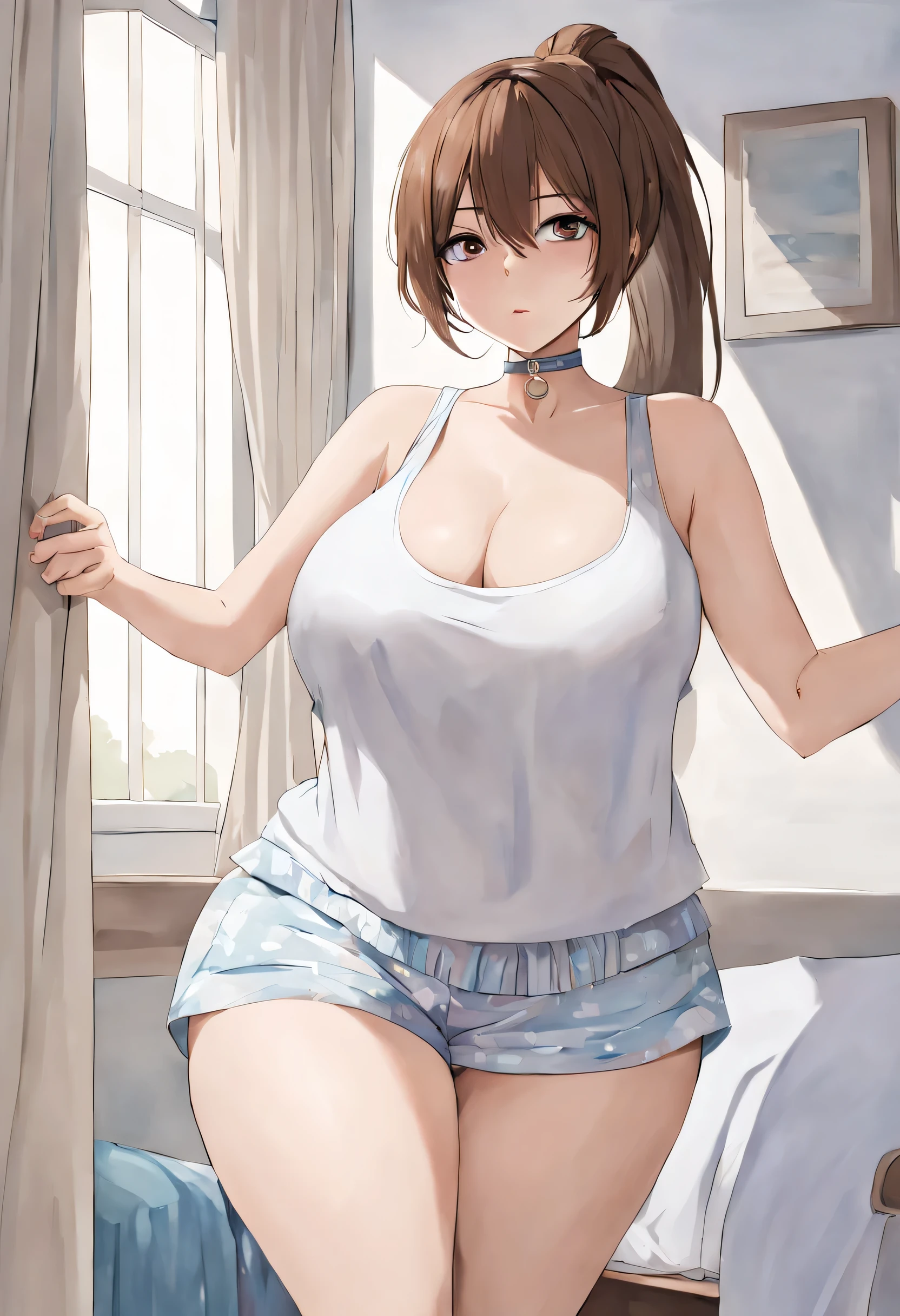 Woman with brown hair in a ponytail. !!!!Extremely large breasts!!!, wearing tank top, wearing pajama shorts, masterpiece, best quality, wearing choker with bell on it