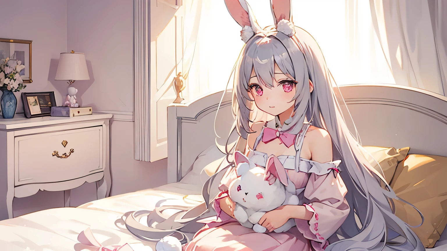 beautiful illustrations, highest quality, pretty girl, Bedroom, pastel colour, fluffy rabbit ears, , long silver hair, rabbit stuffed, bright lighting, pale pink eyes
