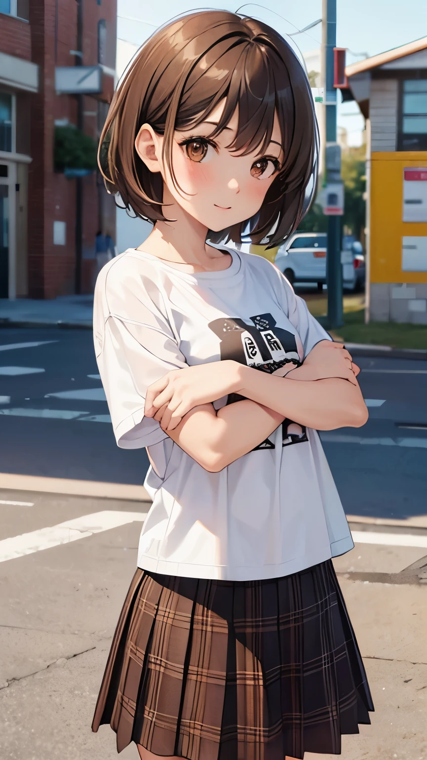 Girl, short hair, brown hair, brown eyes, cute girl, hot girl, t-shirt, mini flanel skirt 