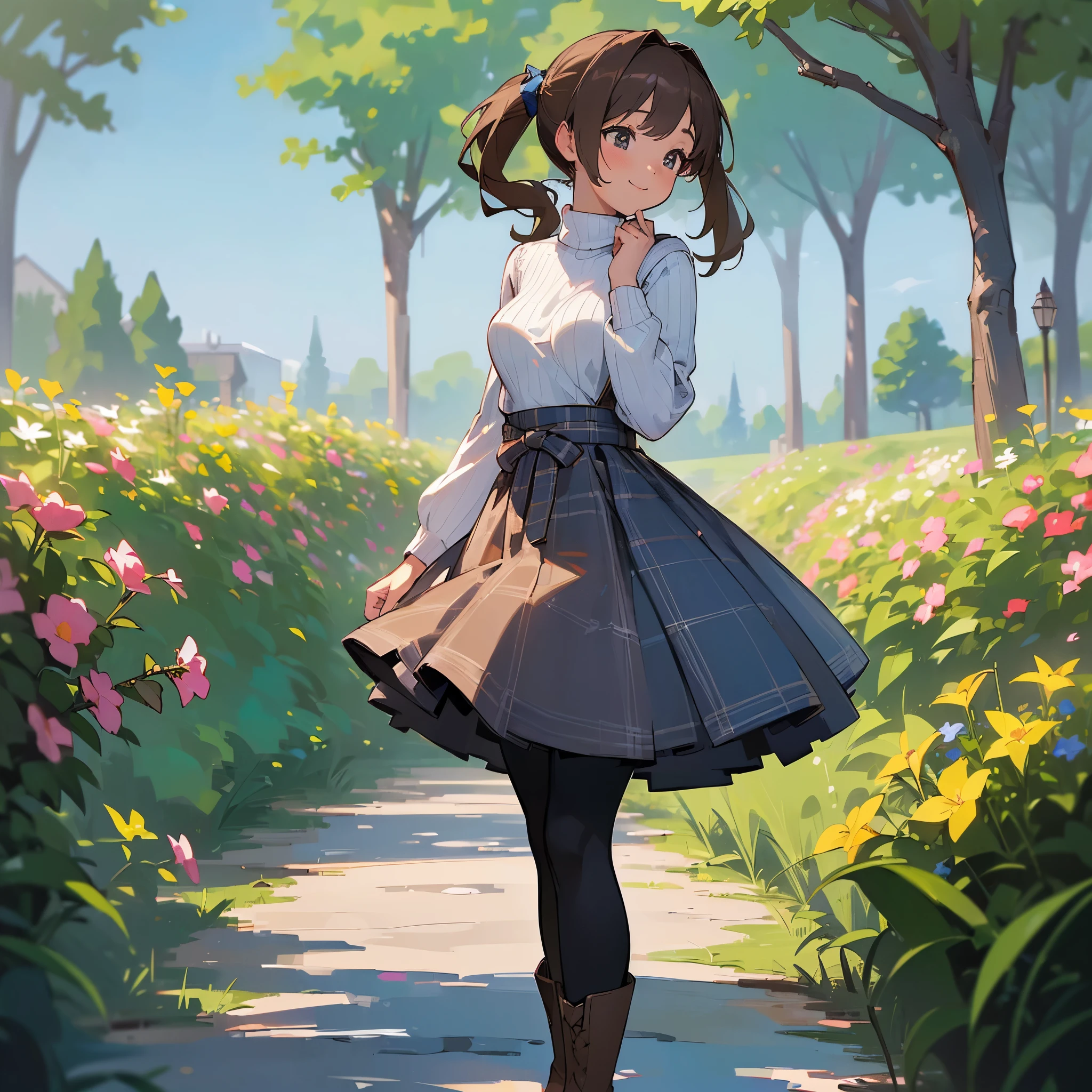 (high quality, high resolution, Super detailed, Reality:1.37), peaceful atmosphere, (outdoor, garden), girl standing alone, (My breasts are big.), Beautiful detailed features, cute smile, (brown ponytail), ribbed sweater, blue plaid skirt, Black tights, brown boots.
