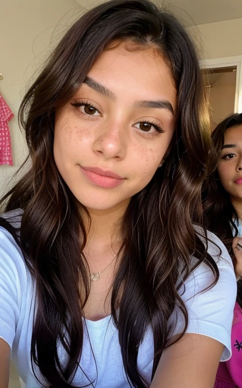 1 mexican girl, Long Wavy Hair, dark brown eyes, teen, selfie, with friends, freckles