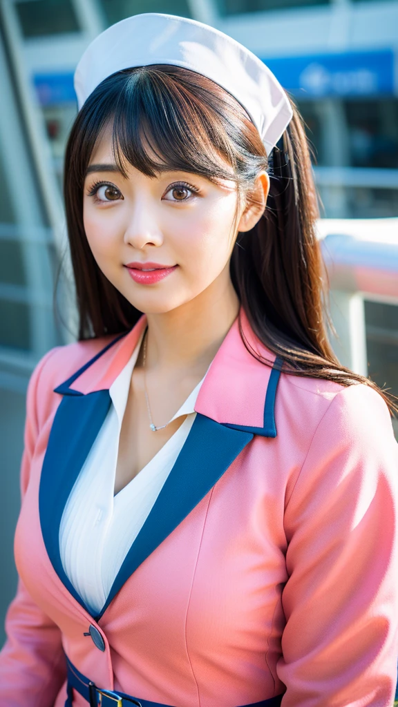 4k ,ultra high res ,(photo realistic: 1.5) ,detailed face ,a girl ,looking at viewer,natural ,detailed face ,kawaii,japan ,She is flight attendant ,building,curvy ,bright,pretty,ta,colorful,BIBIT, airport,large breasts,
