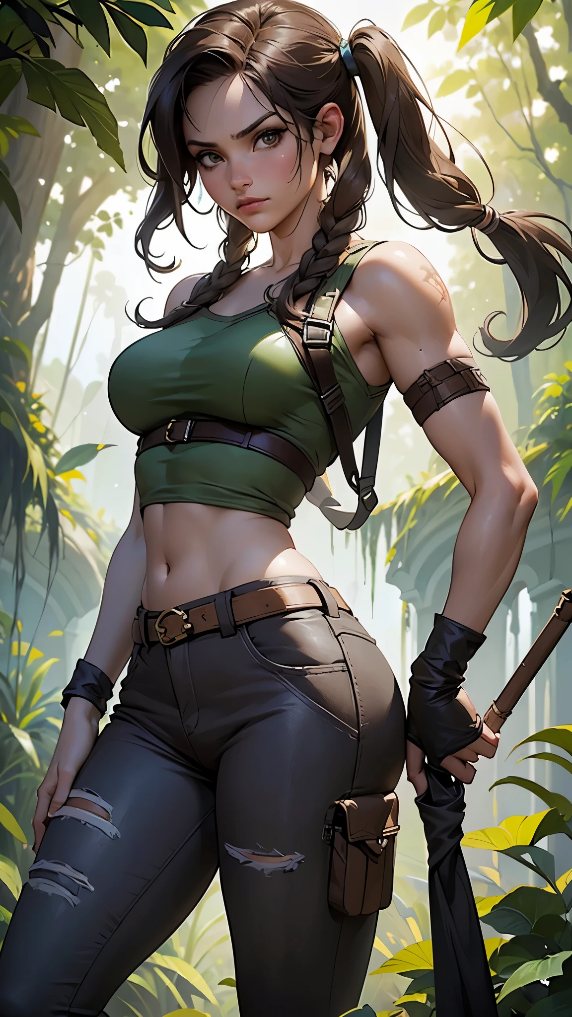 (((obra maestra))), (((Mejor calidad))), ((ultra detallado)),(Very detailed CG illustration), ((un extremadamente delicado y hermoso)),cinematic light,(Lara Croft de Tomb Raider) ,cabello largo trenza, Brown hair braid pigtails, top color verde, pantalones cortos cafe, fondo selva Africana ruinas hojas grandes, carnivorous wild plants, ,More detailed 8K.motor irreal:1.4,UHD,La mejor calidad:1.4, fotorrealista:1.4, textura de la piel:1.4, obra maestra:1.8,obra-prima, mejor calidad,objeto Objeto], (detailed face features:1.3),(Las proporciones correctas),(convexo Dedos detallados),(Ojos hermosos azules),(pantalones cortos cuero:1.4),(Take inspiration from the top artists on ArtStation and Midjourney:1.4).