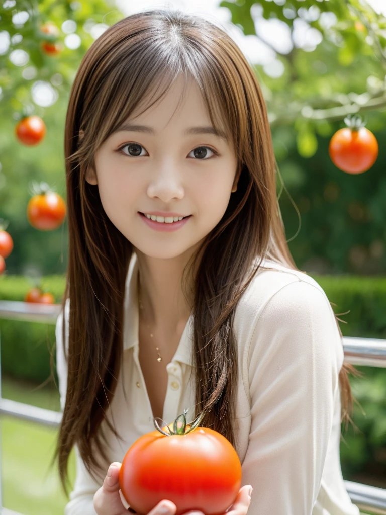 ((holding a small tomato in hand)),field,There is a tomato tree in front of me,squatting,1 girl,28歳の女性,しゃがむ,Full body shot from a distance:1.4,ultra-realistic capture, very detailed, 人間の皮膚のHigh resolution16kクローズアップ. Skin texture must be natural, Enough detail to finely identify pores. skin needs to look healthy, with an even tone. Use natural light and color,(highest quality,4K,8K,High resolution,table top:1.2),super detailed,very detailed目と顔,beautiful and fine eyes,beautiful detailed lips,long eyelashes,((realistic)),realistic:1.37,Japanese,fine white skin,(skinny jeans,polo shirt)),beautiful and magnificent composition,Charm,cute,silky smooth and straight hair,sharp focus,sunny,smiling cheerfully,(With a round face),視聴者を見る,