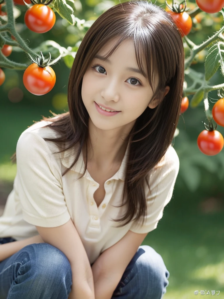 ((holding a small tomato in hand)),field,There is a tomato tree in front of me,squatting,1 girl,28歳の女性,しゃがむ,Full body shot from a distance:1.4,ultra-realistic capture, very detailed, 人間の皮膚のHigh resolution16kクローズアップ. Skin texture must be natural, Enough detail to finely identify pores. skin needs to look healthy, with an even tone. Use natural light and color,(highest quality,4K,8K,High resolution,table top:1.2),super detailed,very detailed目と顔,beautiful and fine eyes,beautiful detailed lips,long eyelashes,((realistic)),realistic:1.37,Japanese,fine white skin,(skinny jeans,polo shirt)),beautiful and magnificent composition,Charm,cute,silky smooth and straight hair,sharp focus,sunny,smiling cheerfully,(With a round face),視聴者を見る,