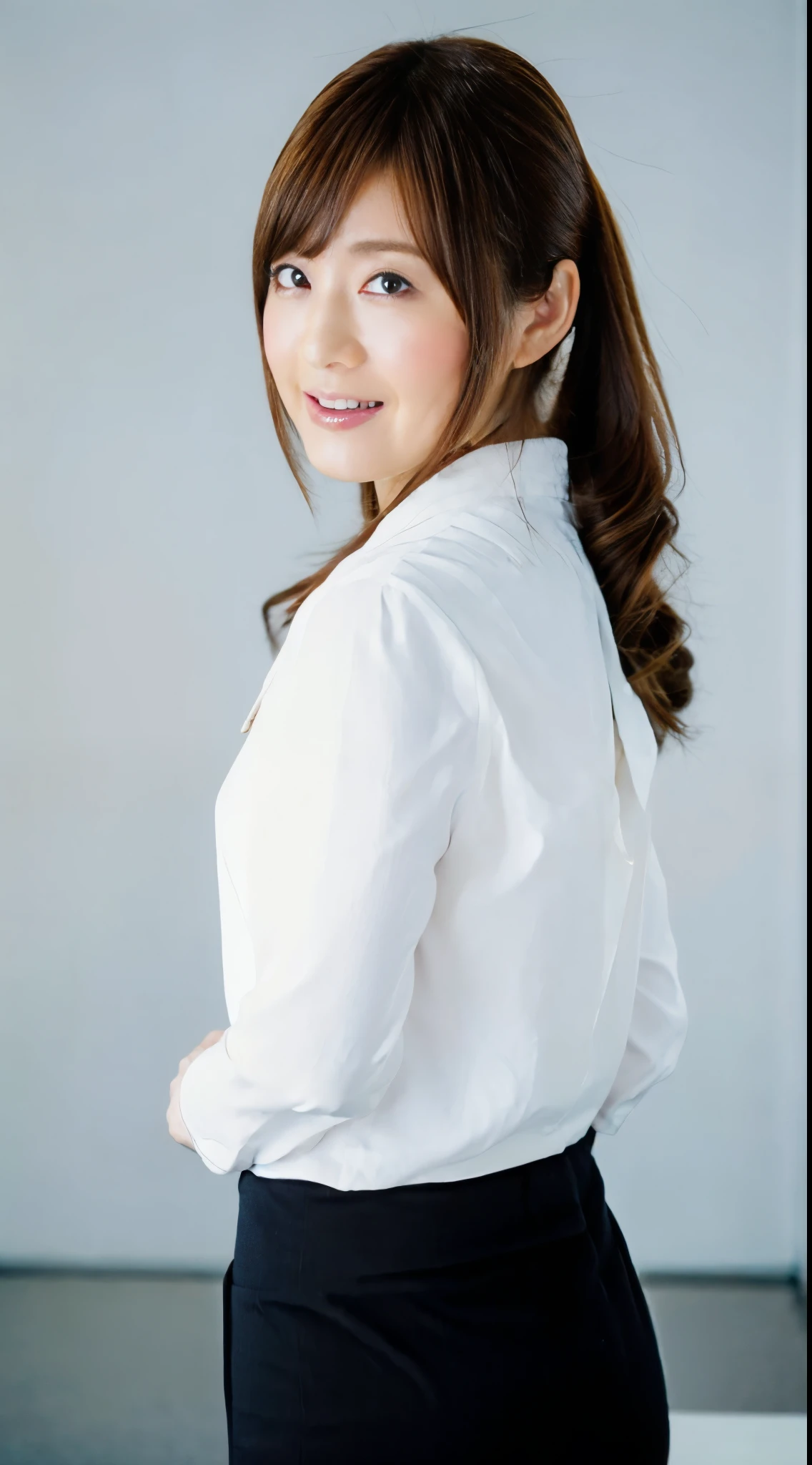 (Best quality, 8k, 32k, Masterpiece, UHD:1.2), from behind, 1 walking girl, beautiy Japanese office lady, (smile:0.5), (looking at the the viewer), 30 years old, bit chubby, white shirt, black skirt, office room, desk, (small breasts, buttocks:1.2), detailed beautiful face, wavy pony-tail hair, from below,