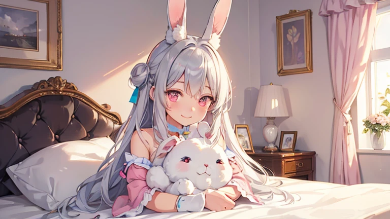 beautiful illustrations, highest quality, pretty girl, Bedroom, pastel colour, fluffy rabbit ears, , long silver hair, rabbit stuffed, bright lighting, pale pink eyes smile