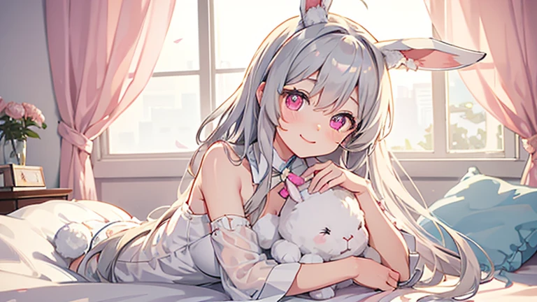 beautiful illustrations, highest quality, pretty girl, Bedroom, pastel colour, fluffy rabbit ears, , long silver hair, rabbit stuffed, bright lighting, pale pink eyes smile