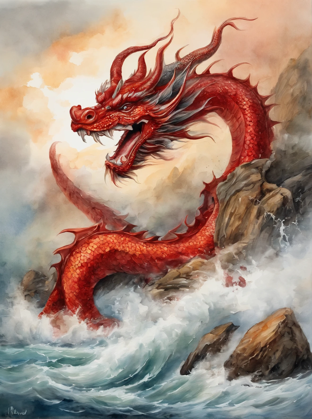 Dragons swim out to sea, China red,Cloud volumes,rolling clouds,