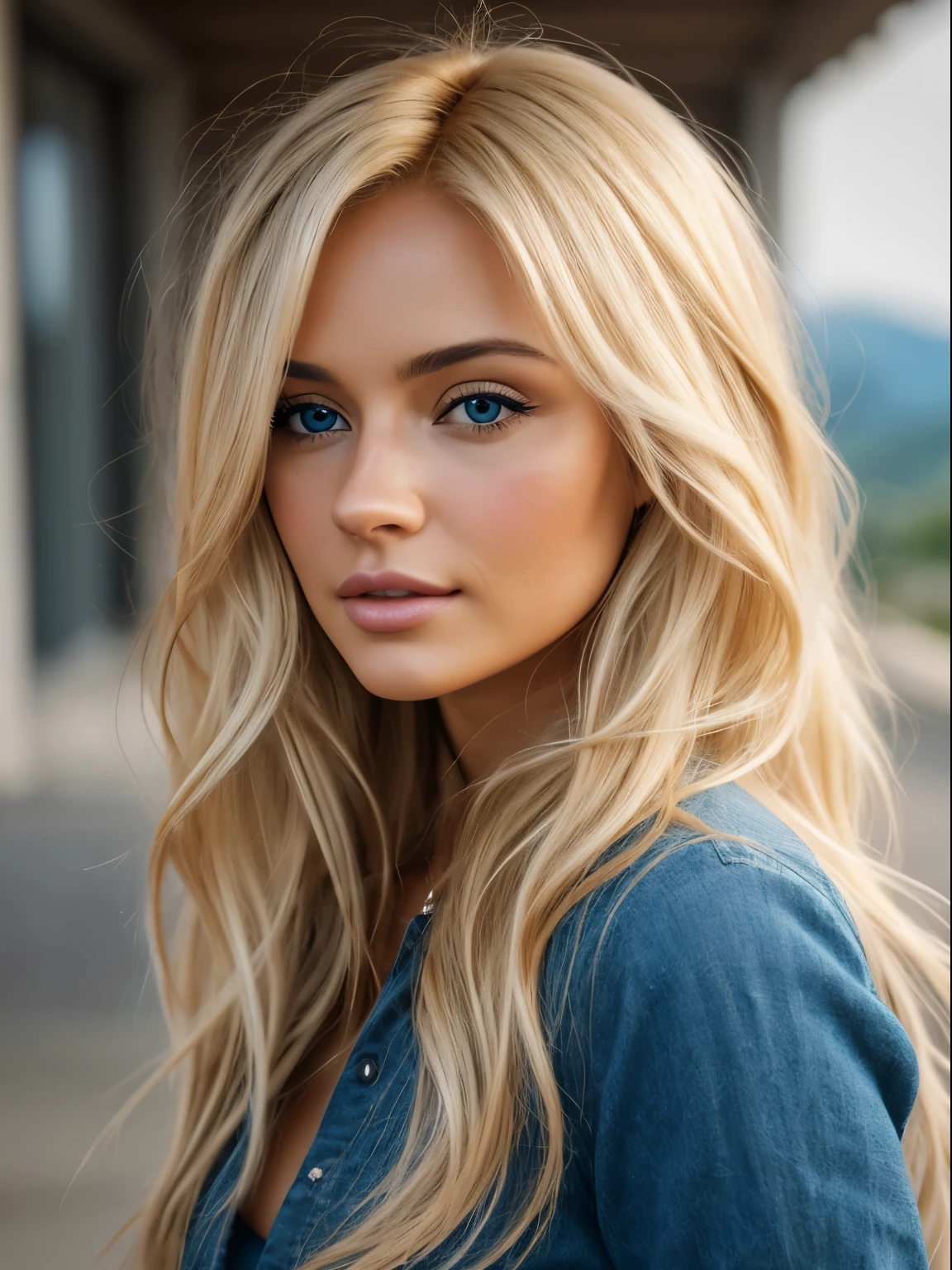 Photorealistic of a insanely beautiful woman with blonde windy messy hair, in the style of panasonic lumix s pro 50mm f/1.4, light beige and dark azure, celebrity images mashups, soft realism, barbiecore, unreal engine 5, 32k uhd, luminous quality, swiss realism, niji 5