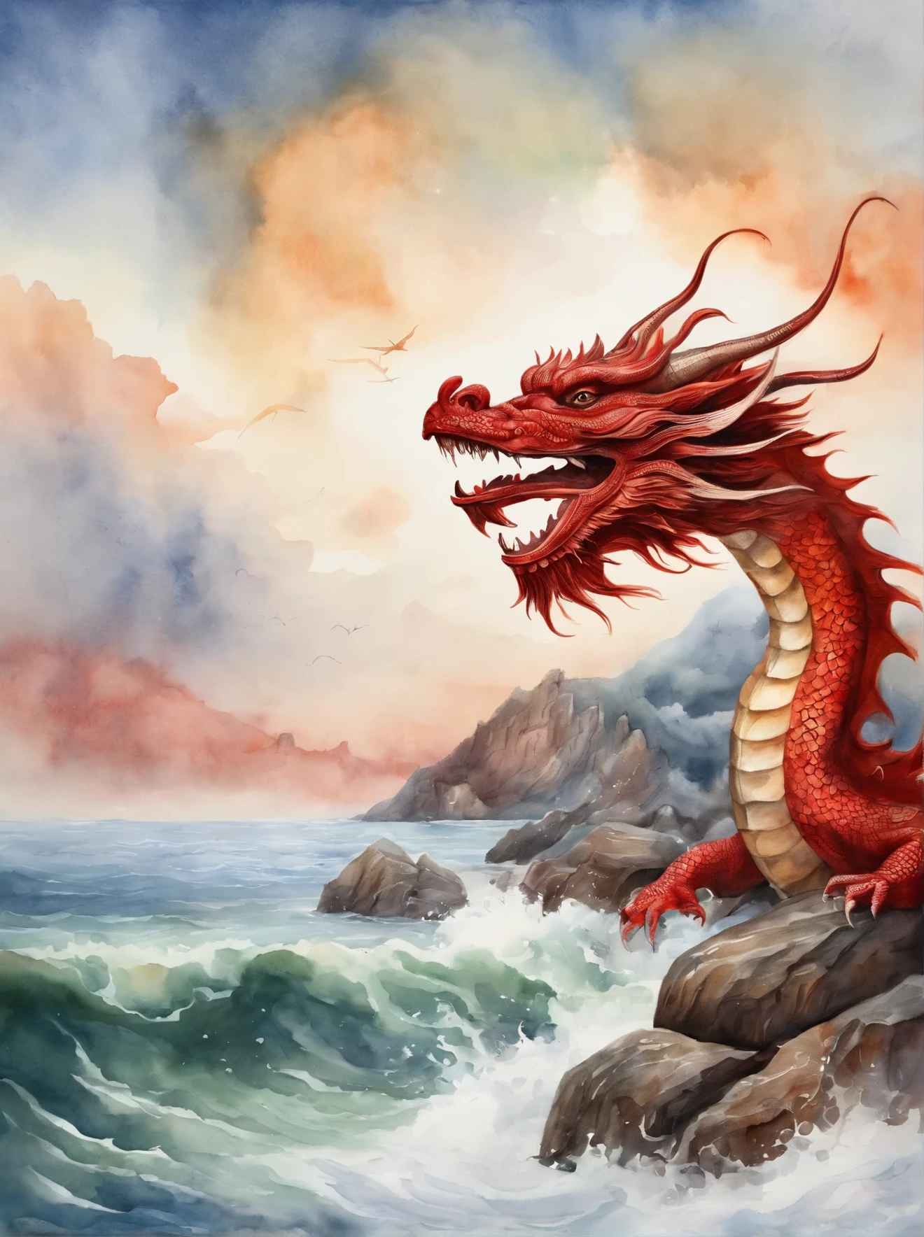 Dragons swim out to sea, China red，Cloud volumes，rolling clouds，