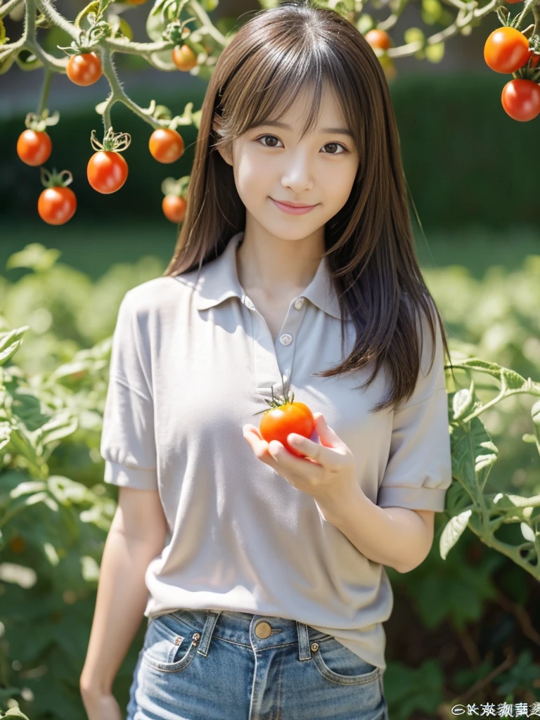 ((holding a small tomato in hand)),field,There is a tomato tree in front of me,squatting,1 girl,28歳の女性,しゃがむ,Full body shot from a distance:1.4,ultra-realistic capture, very detailed, 人間の皮膚のHigh resolution16kクローズアップ. Skin texture must be natural, Enough detail to finely identify pores. skin needs to look healthy, with an even tone. Use natural light and color,(highest quality,4K,8K,High resolution,table top:1.2),super detailed,very detailed目と顔,beautiful and fine eyes,beautiful detailed lips,long eyelashes,((realistic)),realistic:1.37,Japanese,fine white skin,(skinny jeans,polo shirt)),beautiful and magnificent composition,Charm,cute,silky smooth and straight hair,sharp focus,sunny,smiling cheerfully,(With a round face),視聴者を見る,