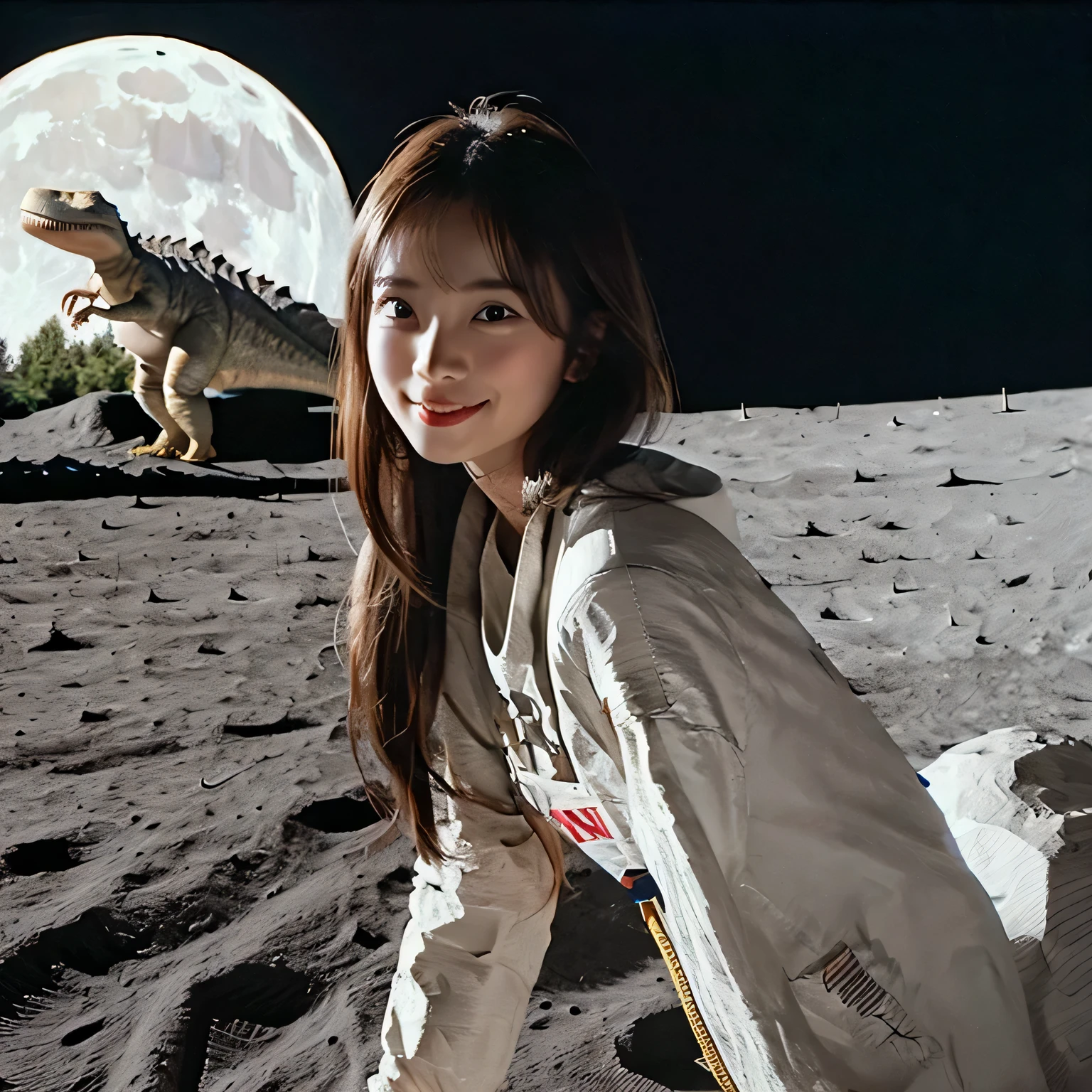 (Girl and a dinosaurs on the moon:1.5) ,(landing on the moon:1.2),(dinosaurs:1.2),original photography,(ultimate beauty portrait、sparkling skin、1 girl、Smile、brown hair、Big eyes sparkling like gems、Harajuku、24 year old beautiful girl),space suit,Flag of China