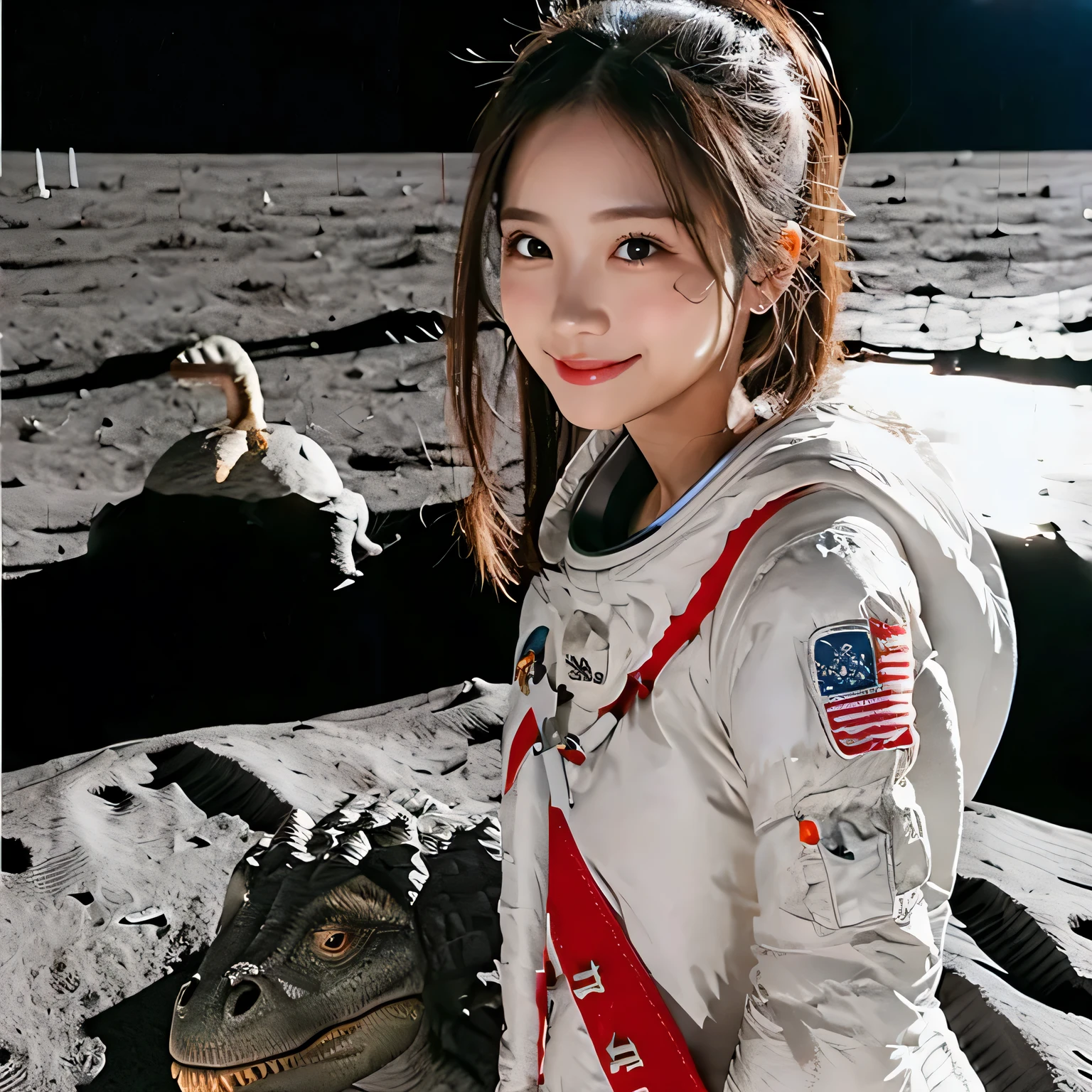 (Girl and a dinosaurs on the moon:1.5) ,(landing on the moon:1.2),(dinosaurs:1.2),original photography,(ultimate beauty portrait、sparkling skin、1 girl、Smile、brown hair、Big eyes sparkling like gems、Harajuku、24 year old beautiful girl),space suit,Flag of China 