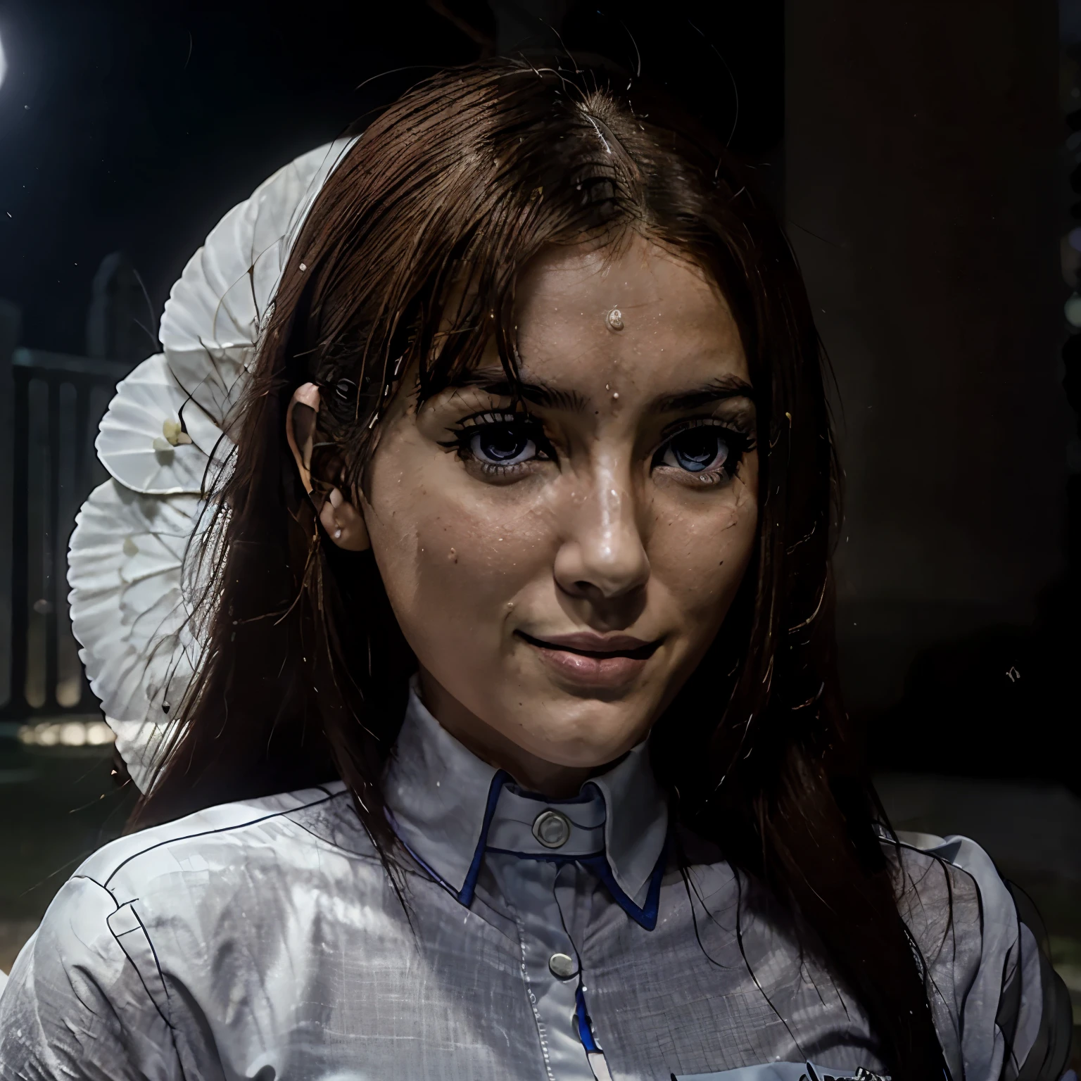 obra maestra, Mejor calidad,, 1 chica, (vistoso),(hermosos ojos finamente detallados y rostro detallado),cinematic Luzing,tiro de busto,Fondo de pantalla CG unity 8k extremadamente detallado,pelo blanco,Solo,Sonrisa,Falda intrincada,((flying petal)),(Prado florido), cielo, nublado_cielo, edificio, LunaLuz, Luna, noche, (tema oscuro:1.3), Luz, fancy,