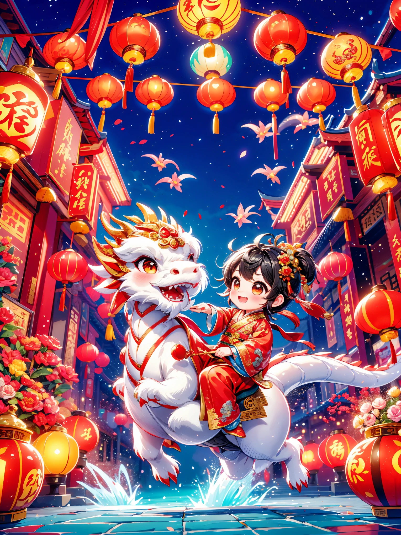 (Super fine,HD:1.2),Extremely cute ddler princess,Chinese dragon,Chinese New Year Celebration,firecrackerecrackers,red spring couplets,bright colors,traditional clothing,Joyful and peaceful atmosphere,lantern,auspicious symbols,dragon dance,Festive decorations,Lively crowd,Happy kids,Dynamic expressions,Fine dragon scales,The embroidery is exquisite,The pattern is fine,spinning dragon tail,Dynamic movements,Traditional music,Rhythm drum beat,Laughter,Gold ornaments,Auspicious red,Bustling street,Excitement in the air,明亮的lantern,Energetic energy,cultural heritage,festive atmosphere,Traditional customs,prosperity and good luck,A vibrant celebration,heartwarming reunion