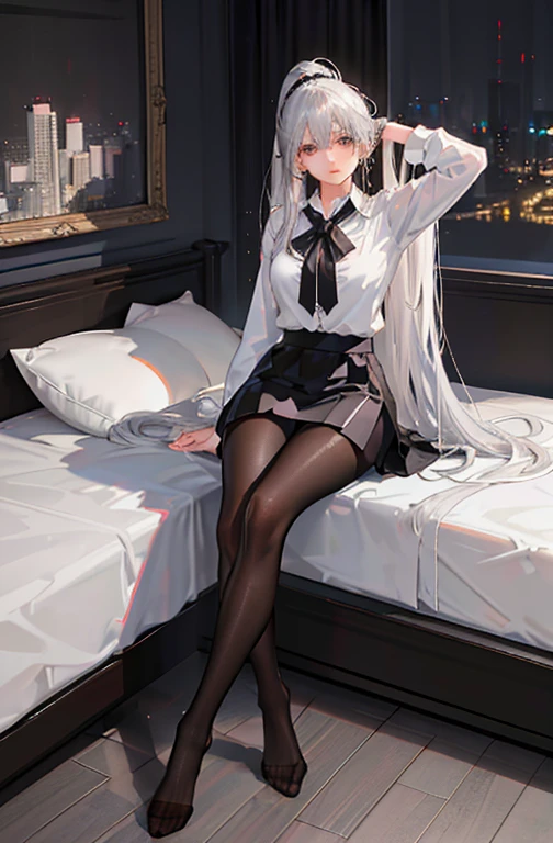 (((1 girl)),Ray tracing,(dim lights),[Detailed background (bedroom)),((silver hair)),((silver hair)),(Fluffy silver hair, plump and slim girl))) high ponytail))) Avoid golden eyes in the ominous bedroom ((((girl wearing a white shirt, Black wrinkled skirt with black transparent pantyhose), Show off your exquisite figure and graceful curves, correct limbs, sitting on bed，Put your hands behind your head, put your hands on，Pull your legs apart