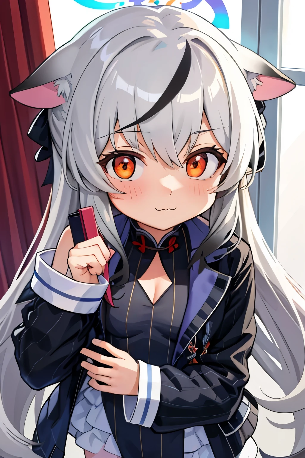 tmasterpiece， best qualtiy， ultra - detailed， 1girll，Gray hair Kokona， inside in room， Orange eye， ：3，the face,  closeup cleavage,  Winter suit, winter wonder