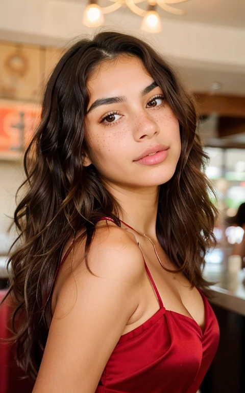 mexican girl, Long Wavy Hair, dark brown eyes, teen, freckles, graceful posture, gentle expression, soft lighting emphasizing the facial contours, delicate and intricate detailing of the facial features, vibrant and radiant colors, In restaurant, wearing red dress