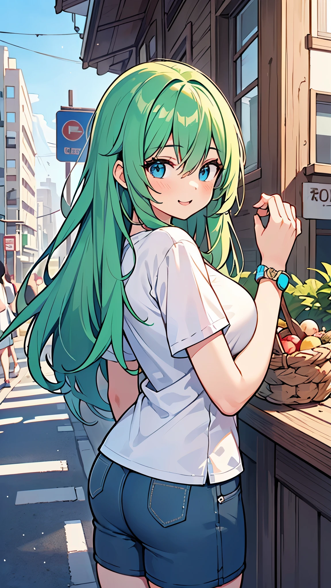 ((A Pretty girl with green hair and blue eyes)), ((Wearing Plain white T-shirt and hot pants)), Baby face, ((master piece, top-quality, ultra-definition, high resolution)), anime girl, ((ultra-detailed illust:1.2)), only one person, bangs, hair between eye, beautiful hair, Beautiful eyes, Medium breasts, Big smile, ((cityscape)), turn back
