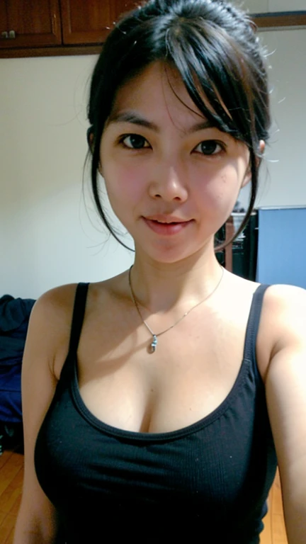 selfie photo, looking at viewer,  detailed face, face focus, cleavage, small breasts, small rosario necklace, looking at viewer,  face focus, brown hair, medium hair, ,((masterpiece, cg ultra detailed, high definition)),profile picture of 1 girls,  small breasts, upper body, wearing thin tanktop, in a dorm room, sensual aura, 