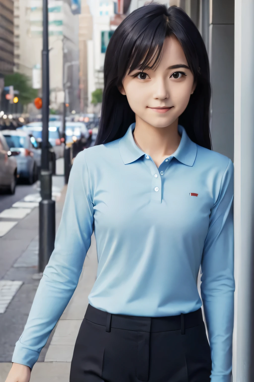 (((pixel perfect, Perfection with attention to detail))), Big eyes, alone, 1 girl, Chihaya Kisaragi, (black hair), Idol, looking at the viewer, smile, break (flat chest:1.5), (light blue long sleeve polo shirt, Dark blue slacks),