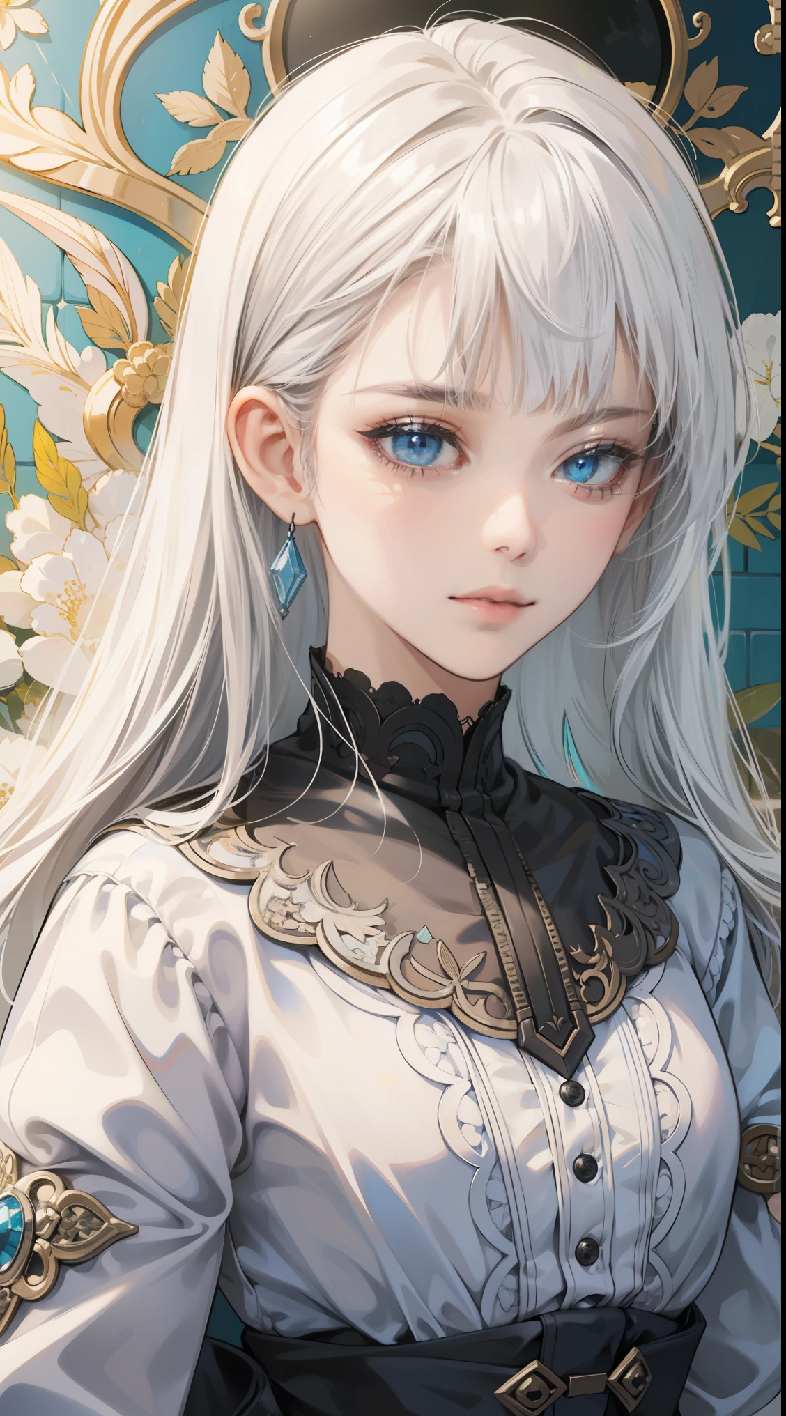 8K,(ridiculous, high resolution, Super detailed), portrait,1 girl, adult, white hair, long hair, blunt bangs, blue eyes, skirt, long sleeves, Detailed eyes and detailed face, intricate details, BREAK mosaic art, Small, Colored tickets, complex patterns, Tile design, Durable surface, TechniquesBREAK Macro Photography, Extreme close-up, intricate details, enlarged texture, Amazing clarity, Hidden beauty, Immersive perspectiveBREAK , Create by hand, Handmade products, unique design, intricate details, Creative expression, exquisite craftsmanship