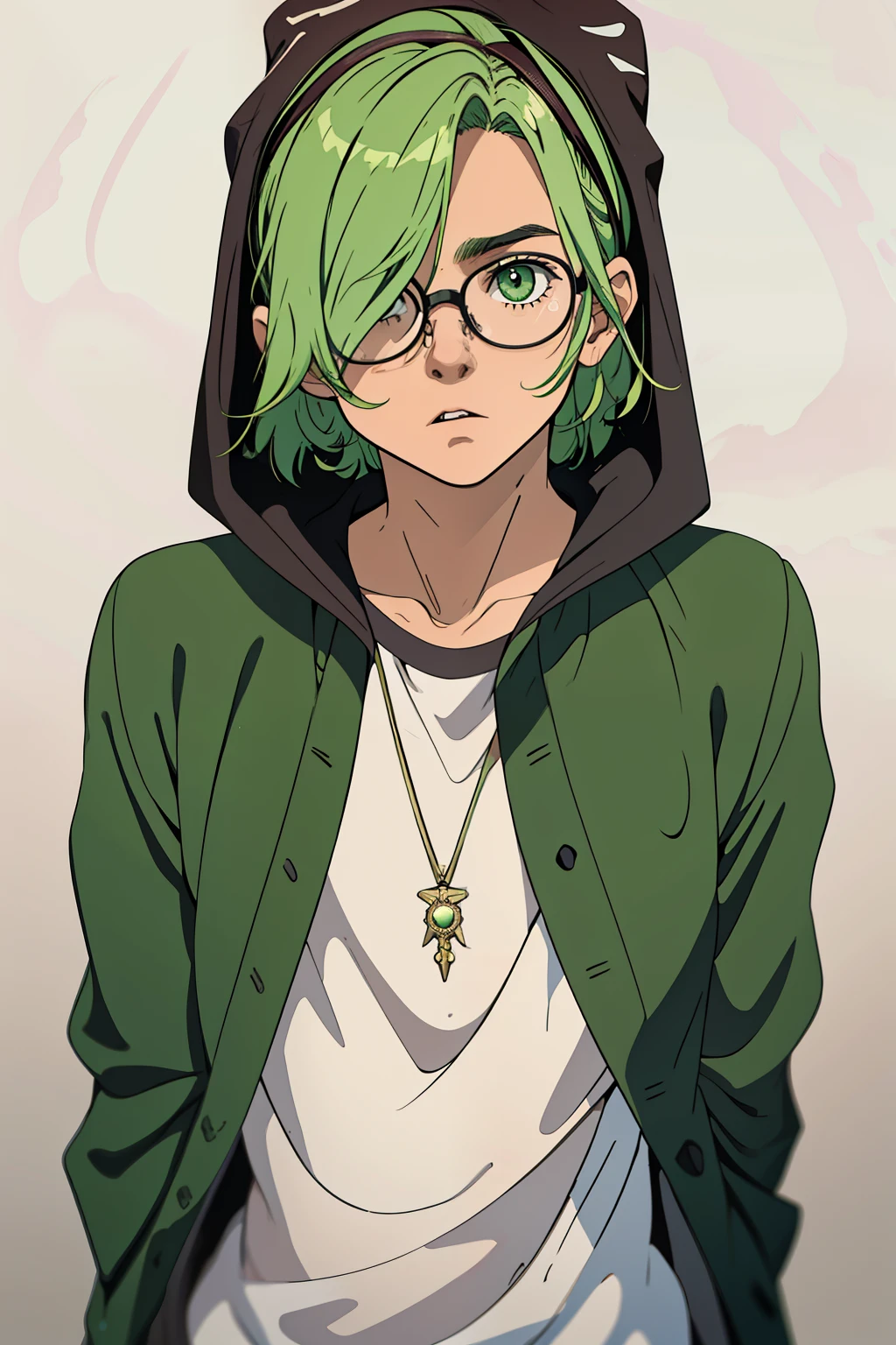 obra de arte, melhor qualidade, alta qualidade, 1 menino, Sozinho, FOCO MASCULINO, olhando para o espectador, tronco, Lubbock, cabelo verde, olhos verdes, cabelo sobre um olho, glasses on head, capuz, jaqueta, 