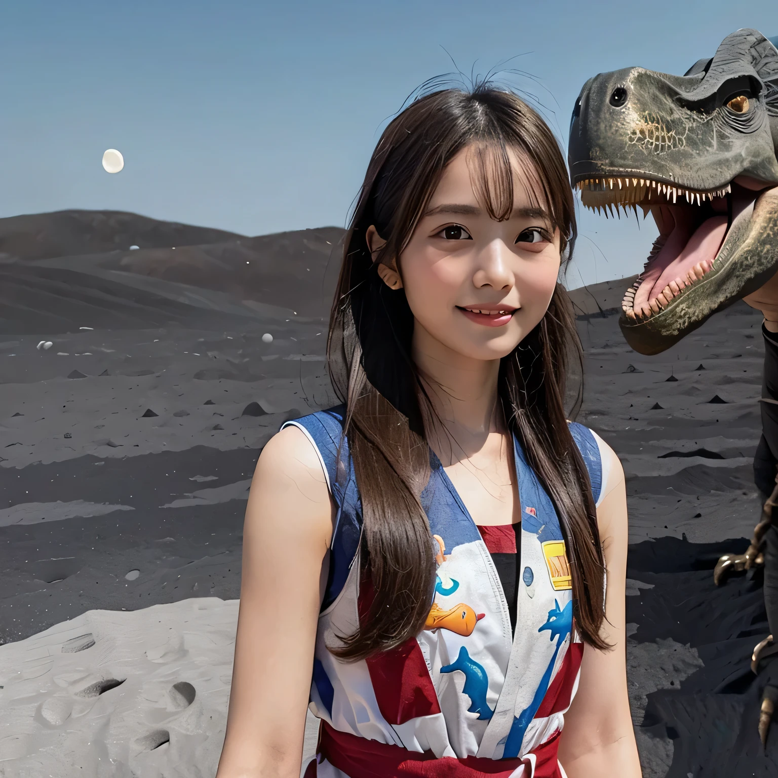 (Girl and a dinosaurs on the moon:1.5) ,(landing on the moon:1.2),(dinosaurs:1.2),original photography,(ultimate beauty portrait、sparkling skin、1 girl、Smile、brown hair、Big eyes sparkling like gems、Harajuku、24 year old beautiful girl),space suit,Flag of China 