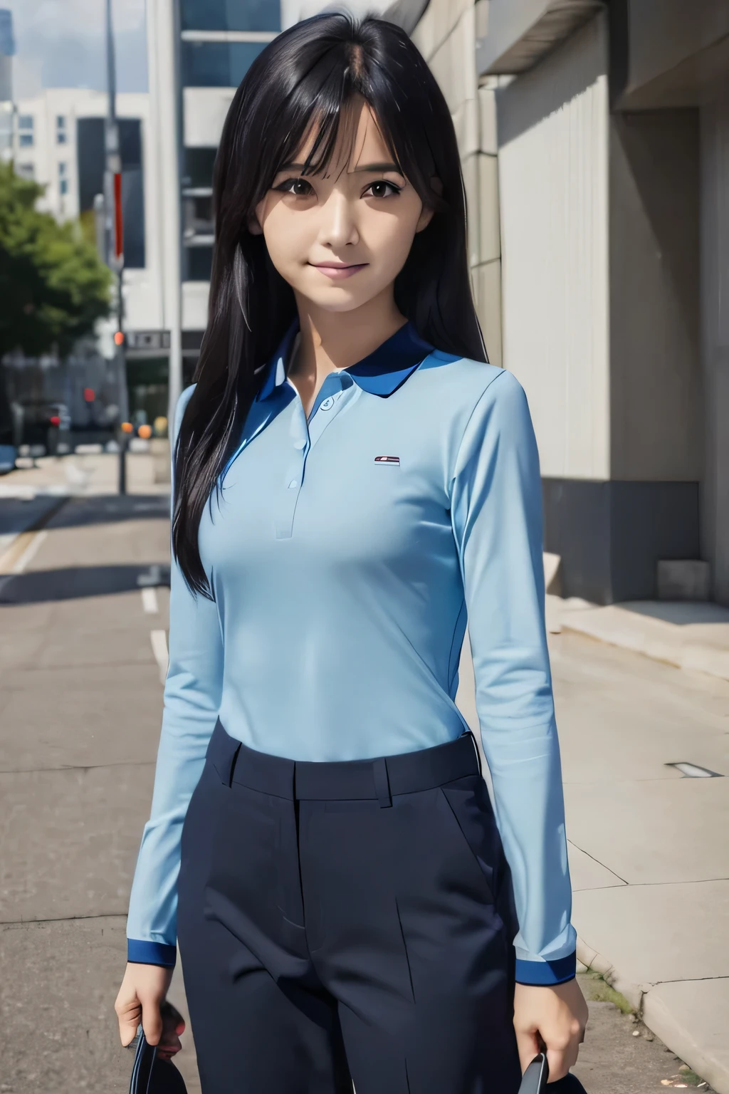 (((pixel perfect, Perfection with attention to detail))), Big eyes, alone, 1 girl, Chihaya Kisaragi, (black hair), Idol, looking at the viewer, smile, break (flat chest:1.5), (light blue long sleeve polo shirt, Dark blue slacks),