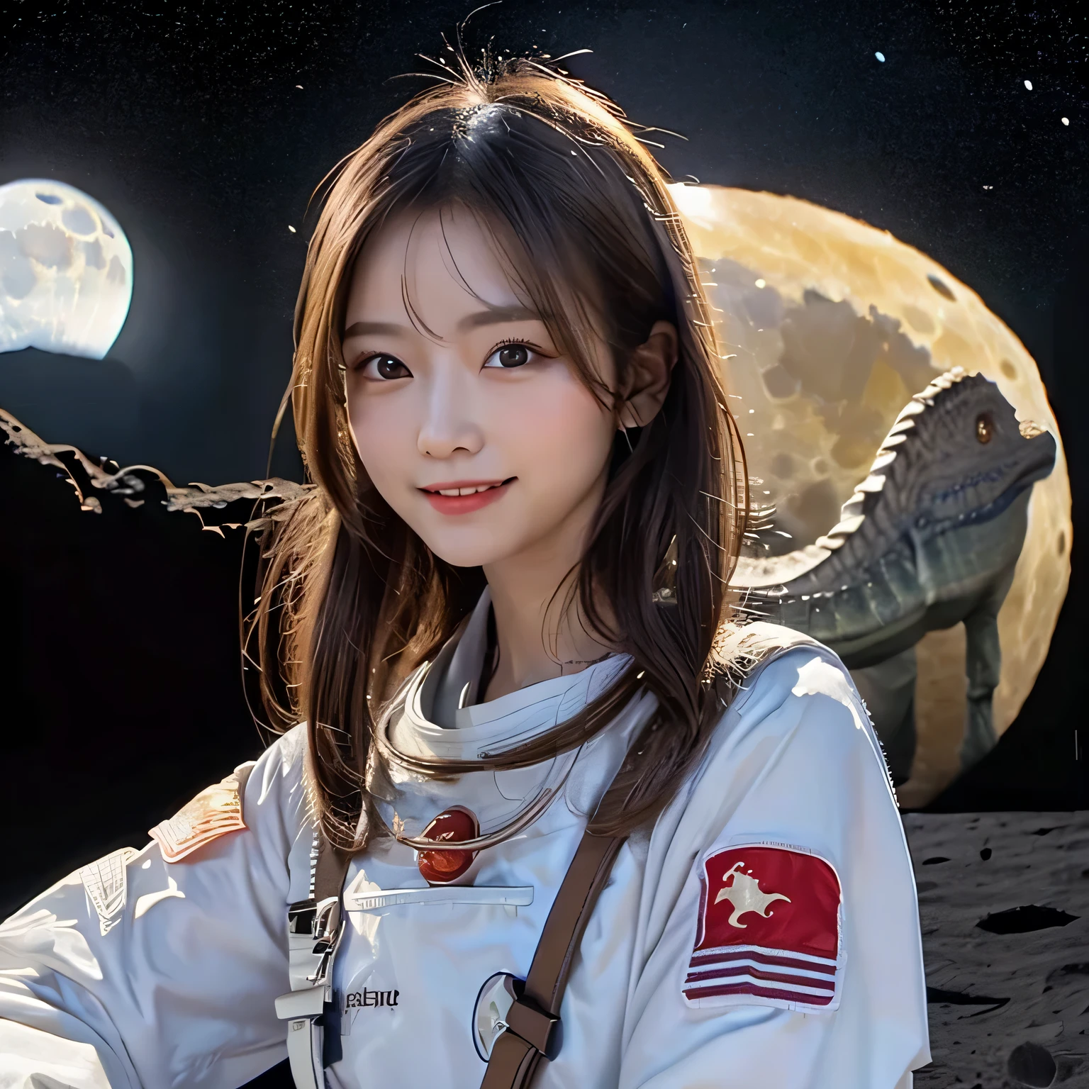 (Girl and a dinosaurs on the moon:1.5) ,(landing on the moon:1.2),(dinosaurs:1.2),original photography,(ultimate beauty portrait、sparkling skin、1 girl、Smile、brown hair、Big eyes sparkling like gems、Harajuku、24 year old beautiful girl),space suit,Flag of China 