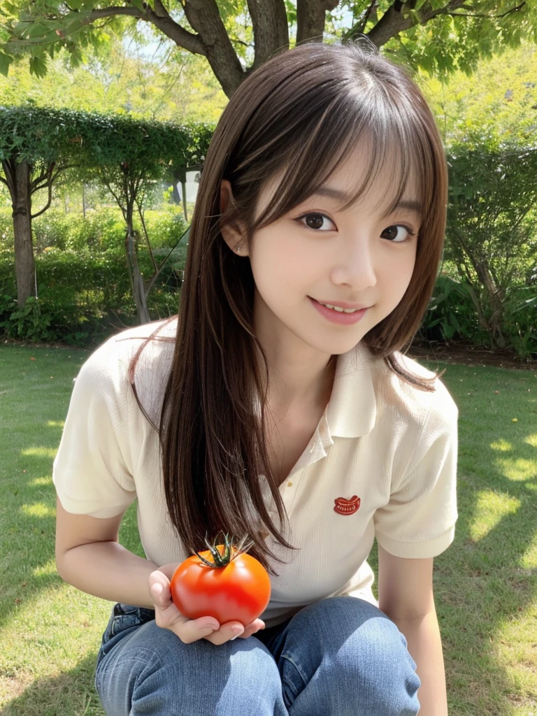 ((holding a small tomato in hand)),field,There is a tomato tree in front of me,squatting,1 girl,28歳の女性,しゃがむ,Full body shot from a distance:1.4,ultra-realistic capture, very detailed, 人間の皮膚のHigh resolution16kクローズアップ. Skin texture must be natural, Enough detail to finely identify pores. skin needs to look healthy, with an even tone. Use natural light and color,(highest quality,4K,8K,High resolution,table top:1.2),super detailed,very detailed目と顔,beautiful and fine eyes,beautiful detailed lips,long eyelashes,((realistic)),realistic:1.37,Japanese,fine white skin,(skinny jeans,polo shirt)),beautiful and magnificent composition,Charm,cute,silky smooth and straight hair,sharp focus,sunny,smiling cheerfully,(With a round face),視聴者を見る,