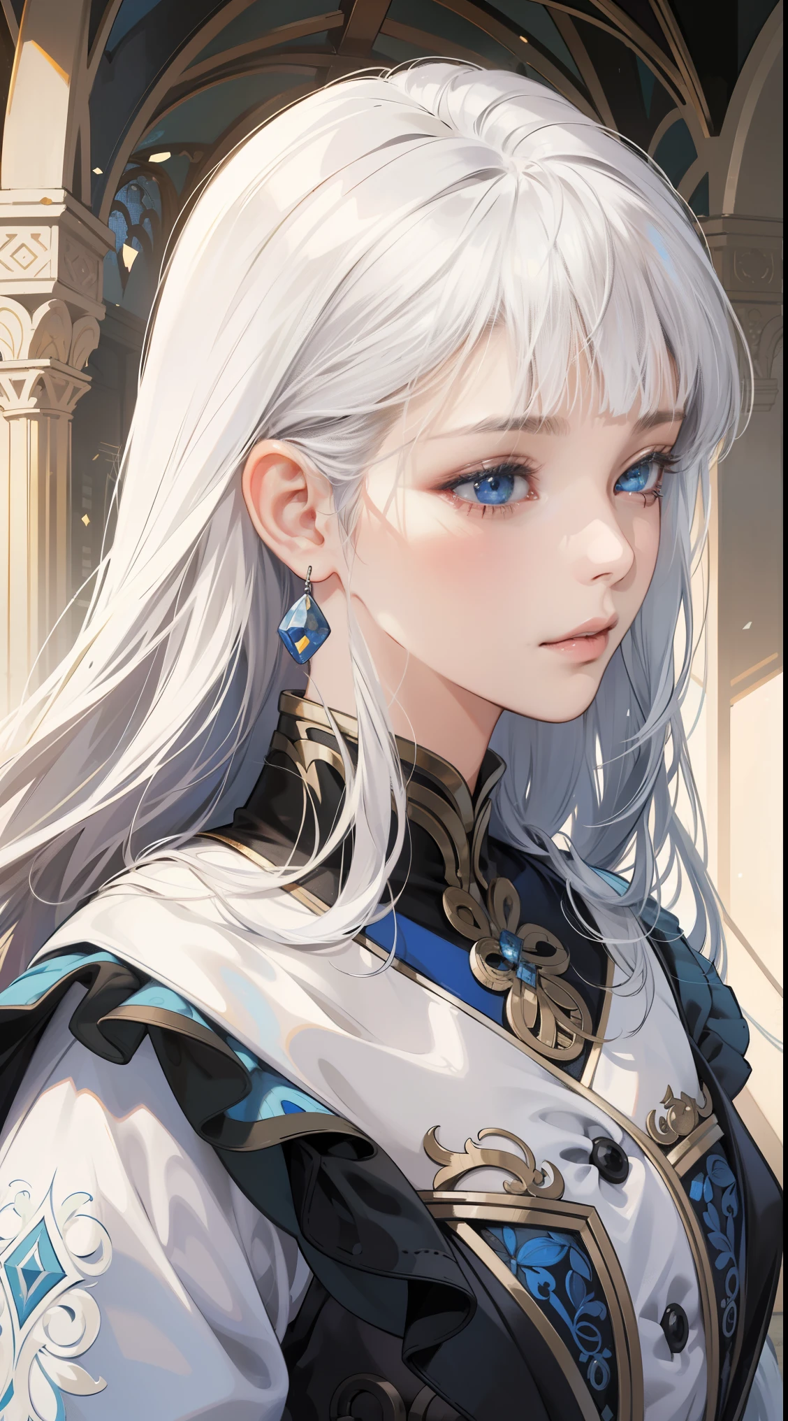 8K,(ridiculous, high resolution, Super detailed), portrait,1 girl, adult, white hair, long hair, blunt bangs, blue eyes, skirt, long sleeves, Detailed eyes and detailed face, intricate details, BREAK mosaic art, Small, Colored tickets, complex patterns, Tile design, Durable surface, TechniquesBREAK Macro Photography, Extreme close-up, intricate details, enlarged texture, Amazing clarity, Hidden beauty, Immersive perspectiveBREAK , Create by hand, Handmade products, unique design, intricate details, Creative expression, exquisite craftsmanship