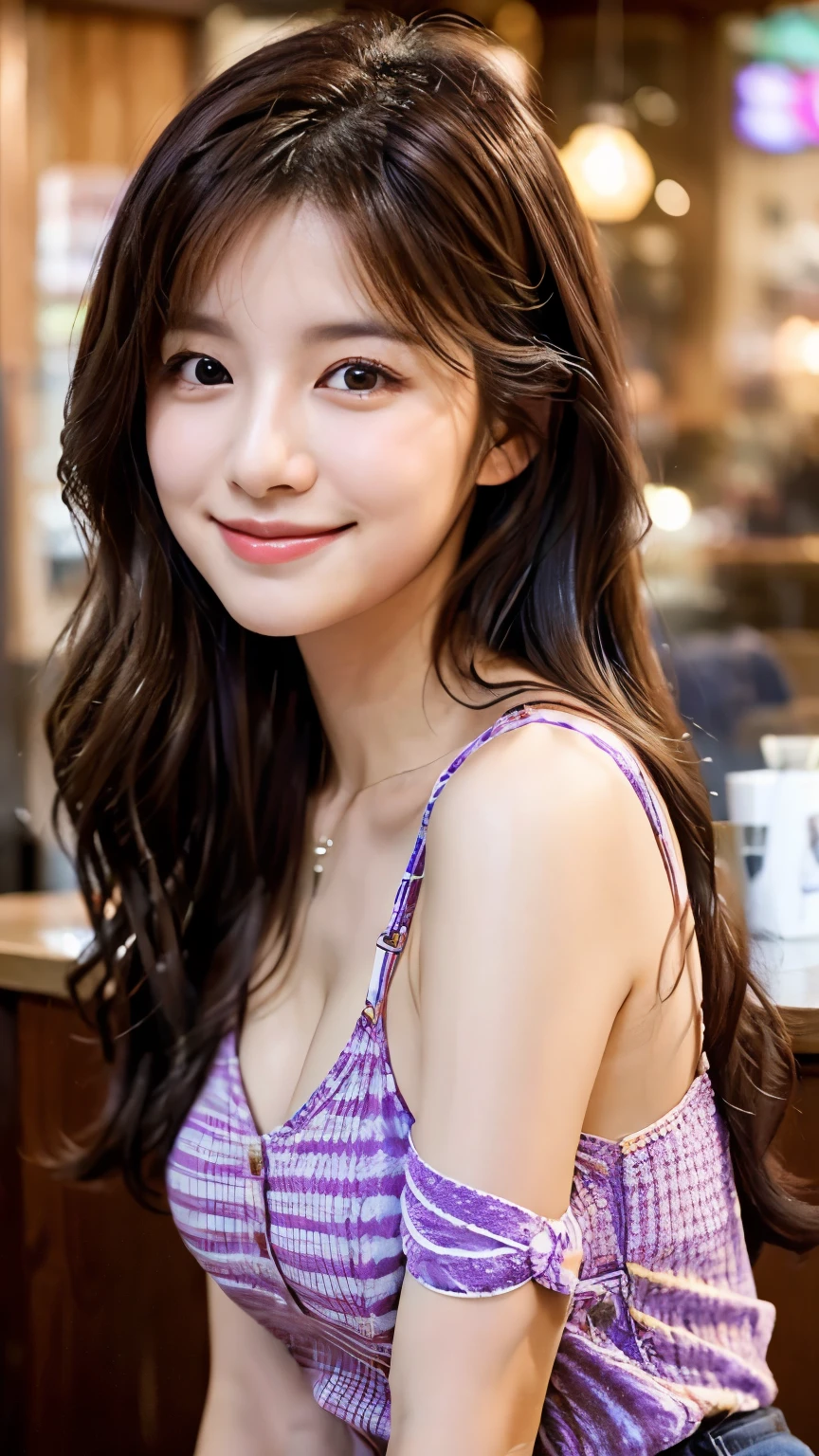 UHD, Extreme close-up of cute Korean female,Chest size 32 inches, wavy hair, slightly smile, wearing purple striped, sitting in coffee shop , bokeh background