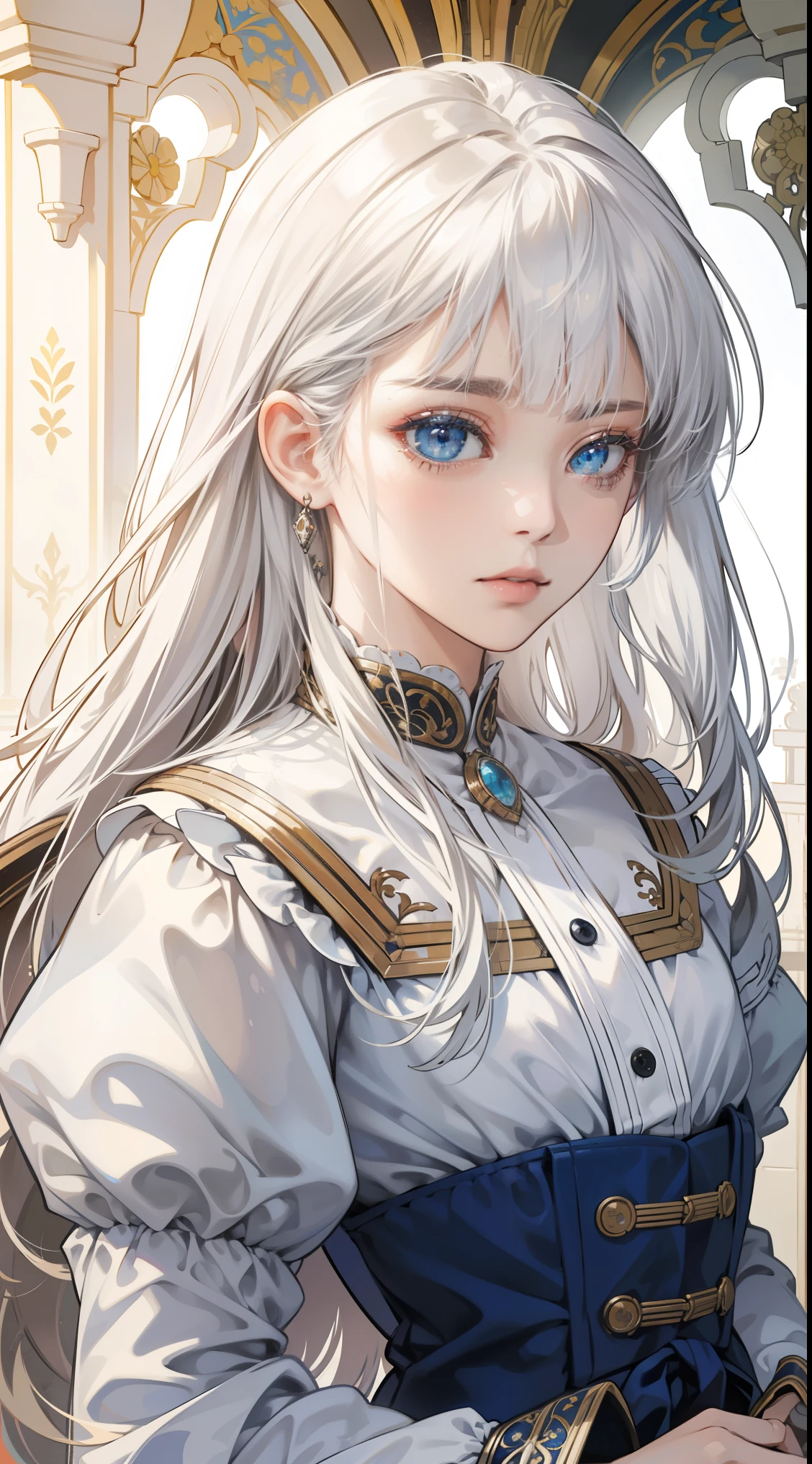 8K，(ridiculous, high resolution, Super detailed), portrait，1 girl, adult, white hair, long hair, blunt bangs, blue eyes, skirt, long sleeves, Detailed eyes and detailed face, intricate details, BREAK mosaic art, Small, Colored tickets, complex patterns, Tile design, Durable surface, TechniquesBREAK Macro Photography, Extreme close-up, intricate details, enlarged texture, Amazing clarity, Hidden beauty, Immersive perspectiveBREAK , Create by hand, Handmade products, unique design, intricate details, Creative expression, exquisite craftsmanship