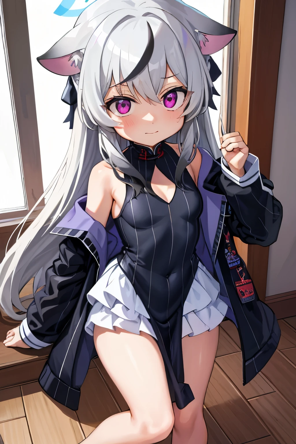 tmasterpiece， best qualtiy， ultra - detailed， 1girll，Gray hair Kokona， inside in room， Purple eye， ：3，the face  closeup cleavage,  Winter suit, winter wonder