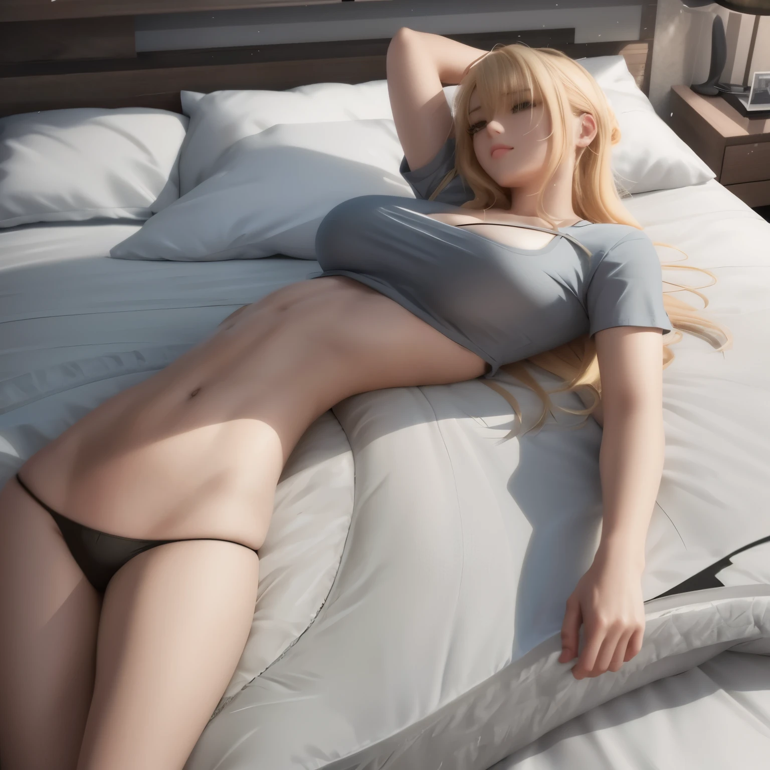 blond woman laying on bed in grey shirt and black thong, 3 d anime realistic, photorealistic perfect body, laying back on the bed, laying on a bed, hyperrealistic , realistic shaded perfect body, hyper realistic anime, ultra realistic picture, seductive anime girl, a hyperrealistic , realistic anime 3 d style, hyperrealistic full figure