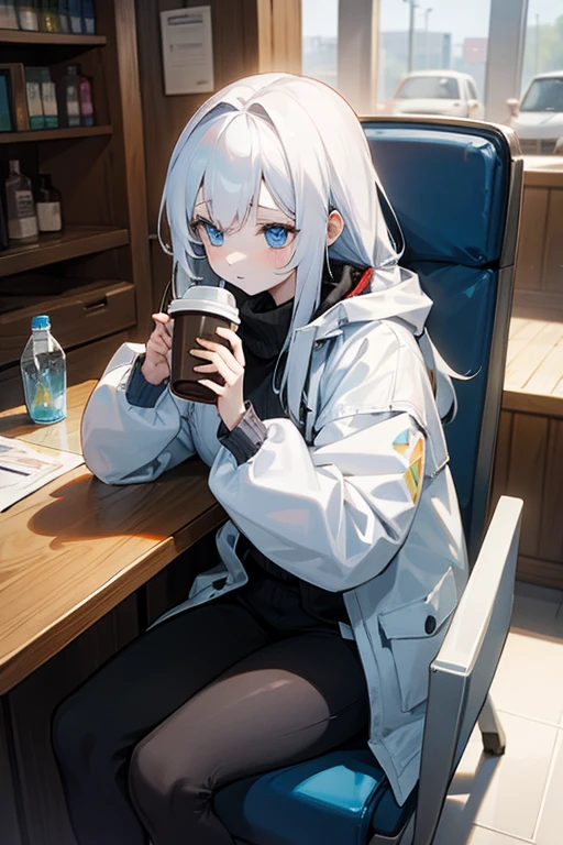 The girl with fair white skin, dressed in a white winter jacket, is holding a water bottle and sitting in a chair at the coffee shop.
