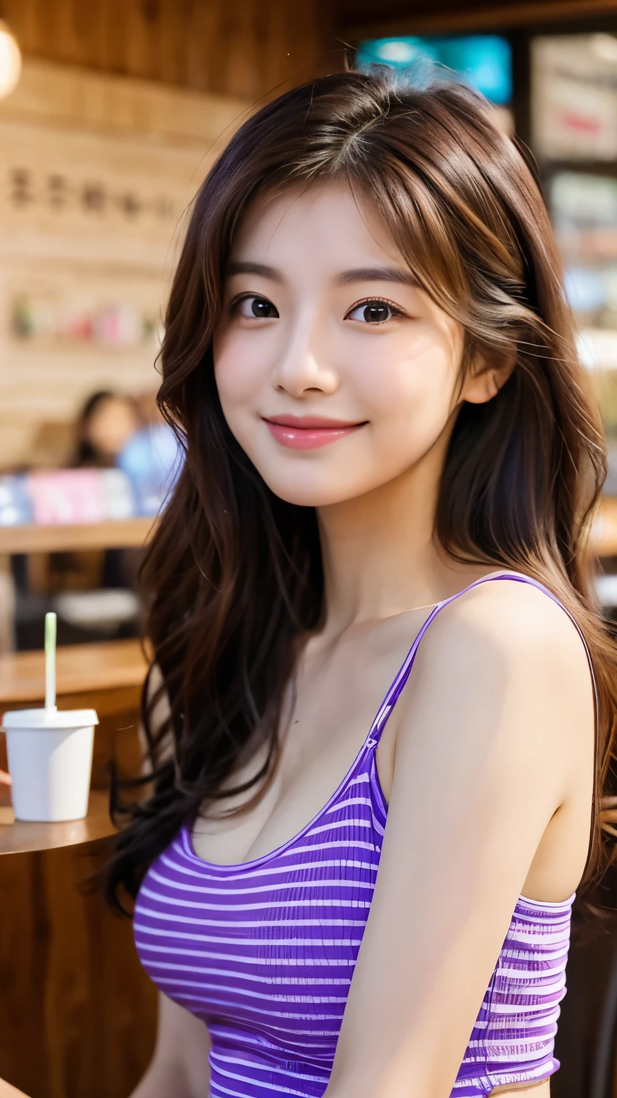 UHD, Extreme close-up of cute Korean female,Chest size 32 inches, wavy hair, slightly smile, wearing purple striped tank top, sitting in coffee shop , bokeh background