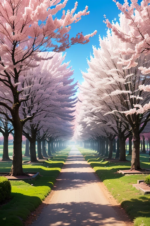 Beautiful, bright Japanese cherry tree grove