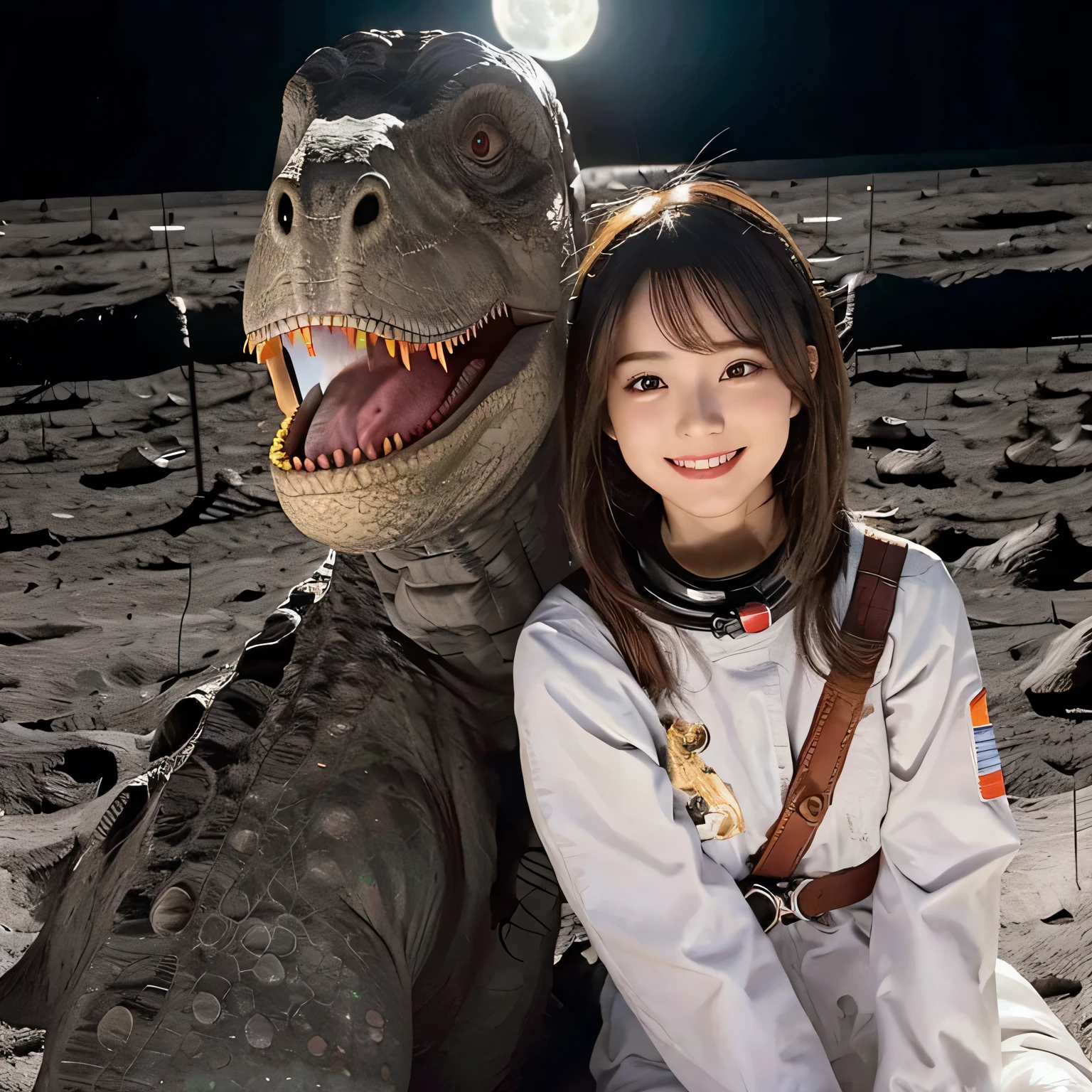 (Girl and a dinosaurs on the moon:1.5) ,(landing on the moon:1.2),(dinosaurs:1.2),original photography,(ultimate beauty portrait、sparkling skin、1 girl、Smile、Bright expression brown hair、Big eyes sparkling like gems、Harajuku、24 year old beautiful girl),space suit,Flag of China