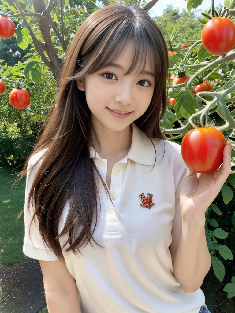 ((holding a small tomato in hand)),field,There is a tomato tree in front of me,squatting,1 girl,28歳の女性,しゃがむ,Full body shot from a distance:1.4,ultra-realistic capture, very detailed, 人間の皮膚のHigh resolution16kクローズアップ. Skin texture must be natural, Enough detail to finely identify pores. skin needs to look healthy, with an even tone. Use natural light and color,(highest quality,4K,8K,High resolution,table top:1.2),super detailed,very detailed目と顔,beautiful and fine eyes,beautiful detailed lips,long eyelashes,((realistic)),realistic:1.37,Japanese,fine white skin,(skinny jeans,polo shirt)),beautiful and magnificent composition,Charm,cute,silky smooth and straight hair,sharp focus,sunny,smiling cheerfully,(With a round face),視聴者を見る,