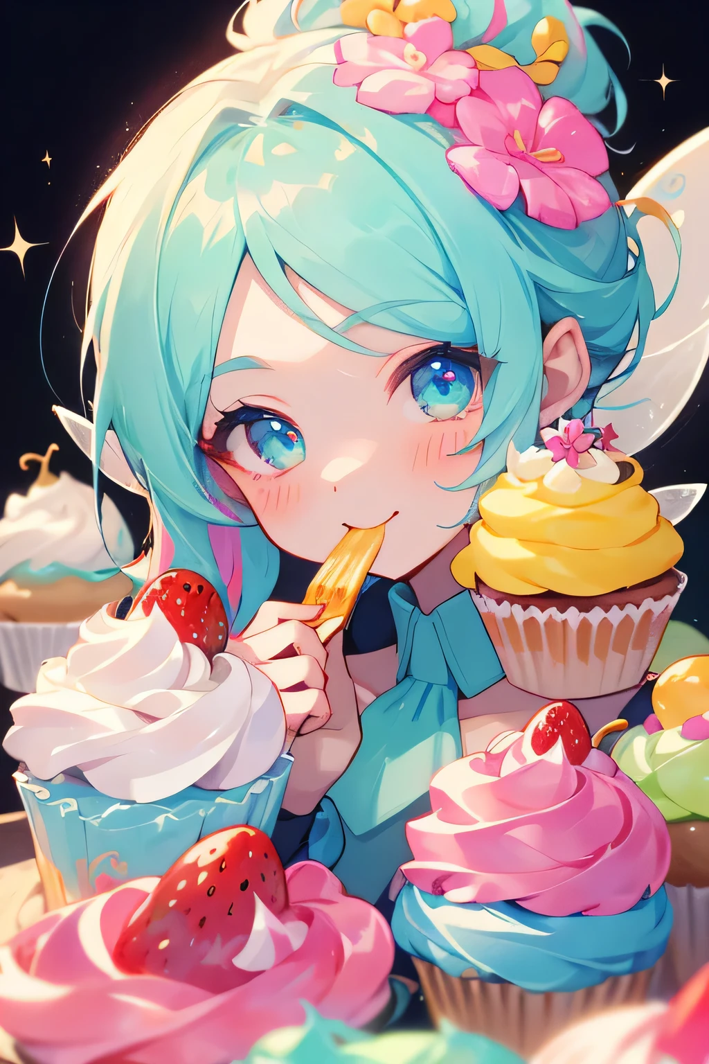 highest quality、High resolution、8K、cute beauty、detailed background、beautiful and detailed face、beautiful and smooth skin、skin texture、Multiple little fairies、(three fairies)、
Cupcakes featuring frosting and colorful toppings、Sweets with a cute design that you can enjoy。
Tart topped with colorful fruits、Sweets that look gorgeous and cute。
Look at me happily、Eat happily