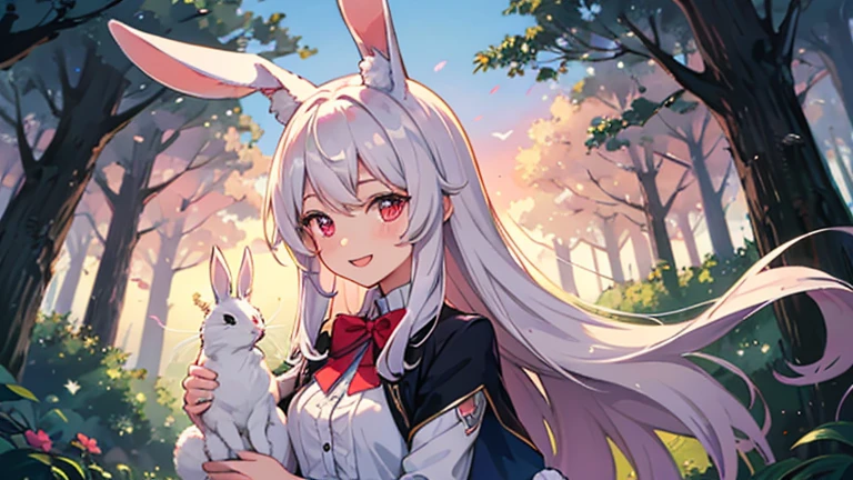 beautiful illustrations, highest quality, pretty girl, pastel colour, fluffy rabbit ears, , pink long hair, rabbit stuffed, bright lighting, pale pink eyes,A refreshing morning in the forest,smile