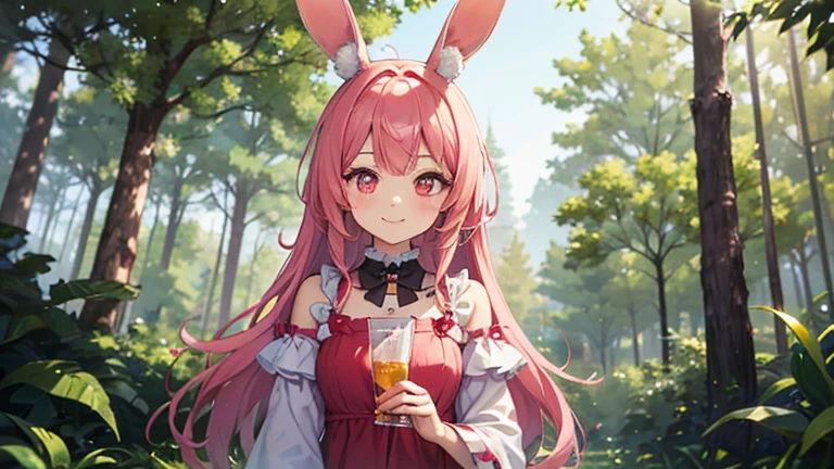 beautiful illustrations, highest quality, pretty girl, pastel colour, fluffy rabbit ears, , pink long hair, rabbit stuffed, bright lighting, pale pink eyes,A refreshing morning in the forest,smile