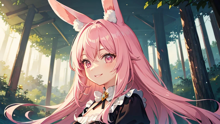 beautiful illustrations, highest quality, pretty girl, pastel colour, fluffy rabbit ears, , pink long hair, rabbit stuffed, bright lighting, pale pink eyes,A refreshing morning in the forest,smile