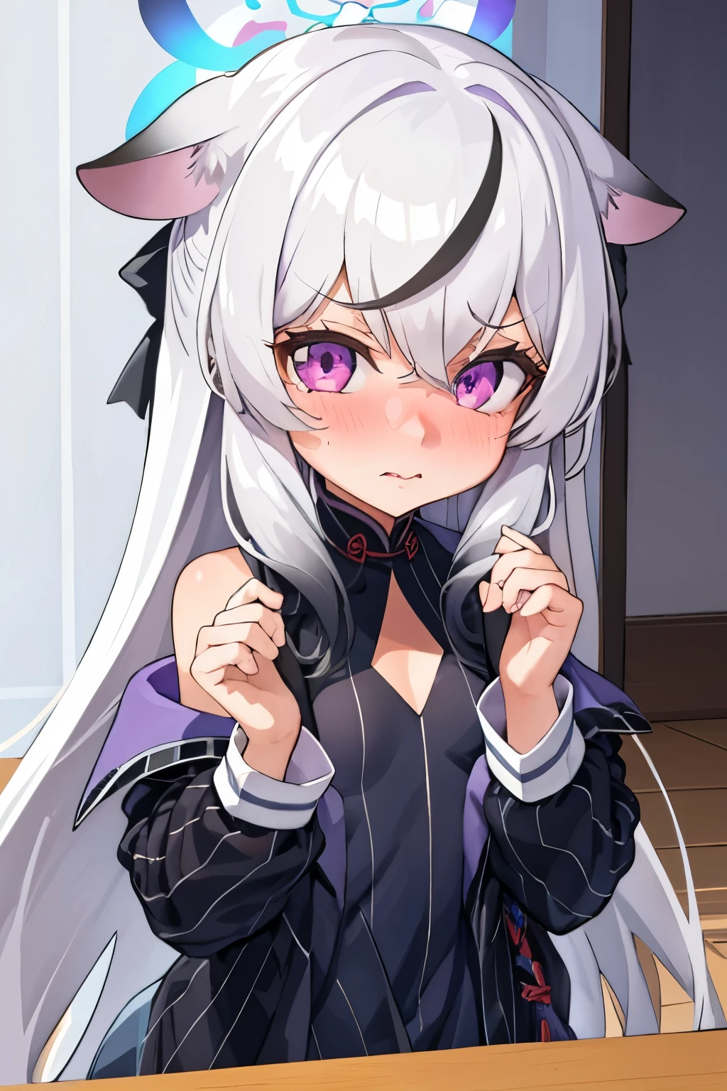 1girl, kokona, indoors, purple eyes, white hair, :3 mouth, embarrassed, beautiful eyes, beautiful lips, shiny lips, extremely detailed eyes and face, long eyelashes, close-up, warm lighting, vibrant colors, looking at the viewer, embarrassed look, blush, Winter suit, winter wonder
