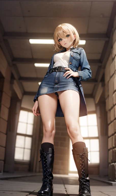 full body, from below,  8k,solo,Short blonde hair,blue eyes, horrified,panty shot,blush,thick thighs,((black high socks)), v neck, (((micro mini dress))), braided boots,belt, ayabrea,blue denim jacket,a