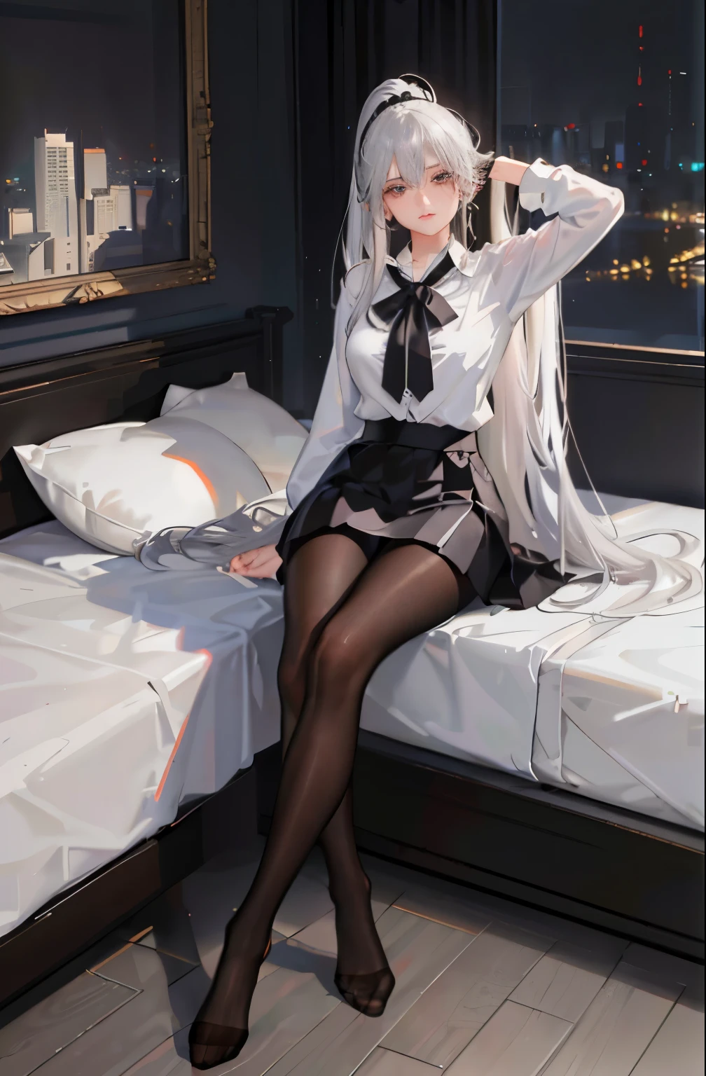 (((1 girl)),Ray tracing,(dim lights),[Detailed background (bedroom)),((silver hair)),((silver hair)),(Fluffy silver hair, plump and slim girl))) high ponytail))) Avoid golden eyes in the ominous bedroom ((((girl wearing a white shirt, Black wrinkled skirt with black transparent pantyhose), Show off your exquisite figure and graceful curves, correct limbs, sitting on bed,Put your hands behind your head, put your hands on,Pull your legs apart